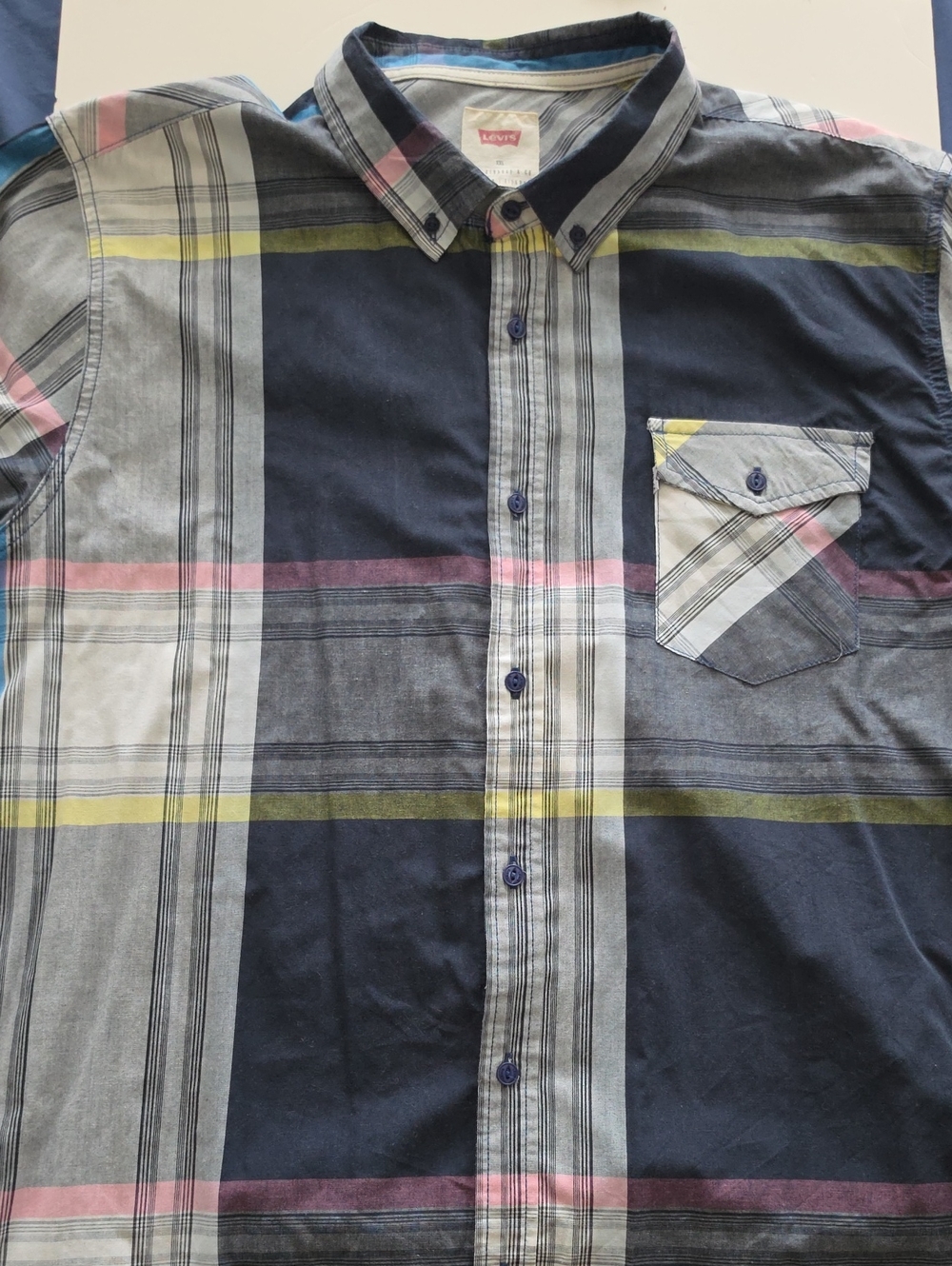 Levi's Men's Navy Plaid Button-Down Long Sleeve Shirt with Pink & Yellow Stripes